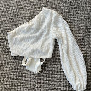 White One-Shoulder Sequin Textured Top